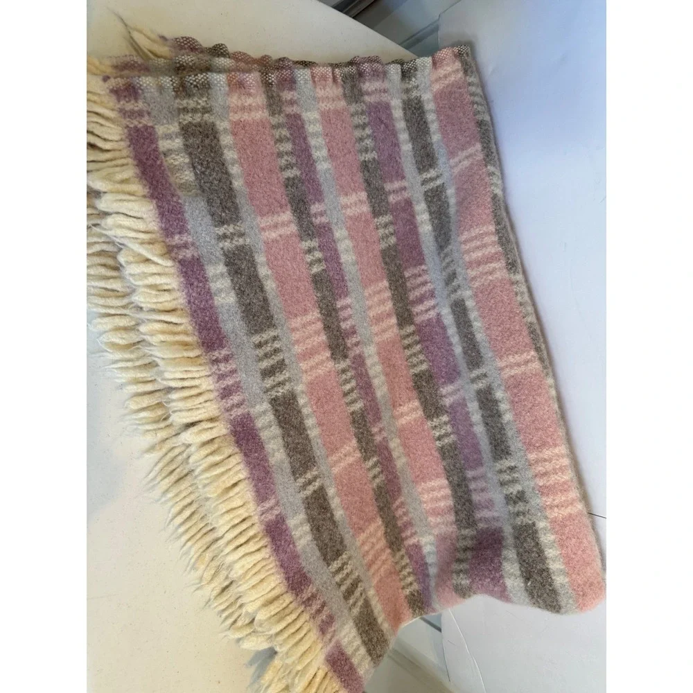 Pendleton Virgin Wool Throw Blanket Pink Purple Plaid Fringe Made in USA Vintage